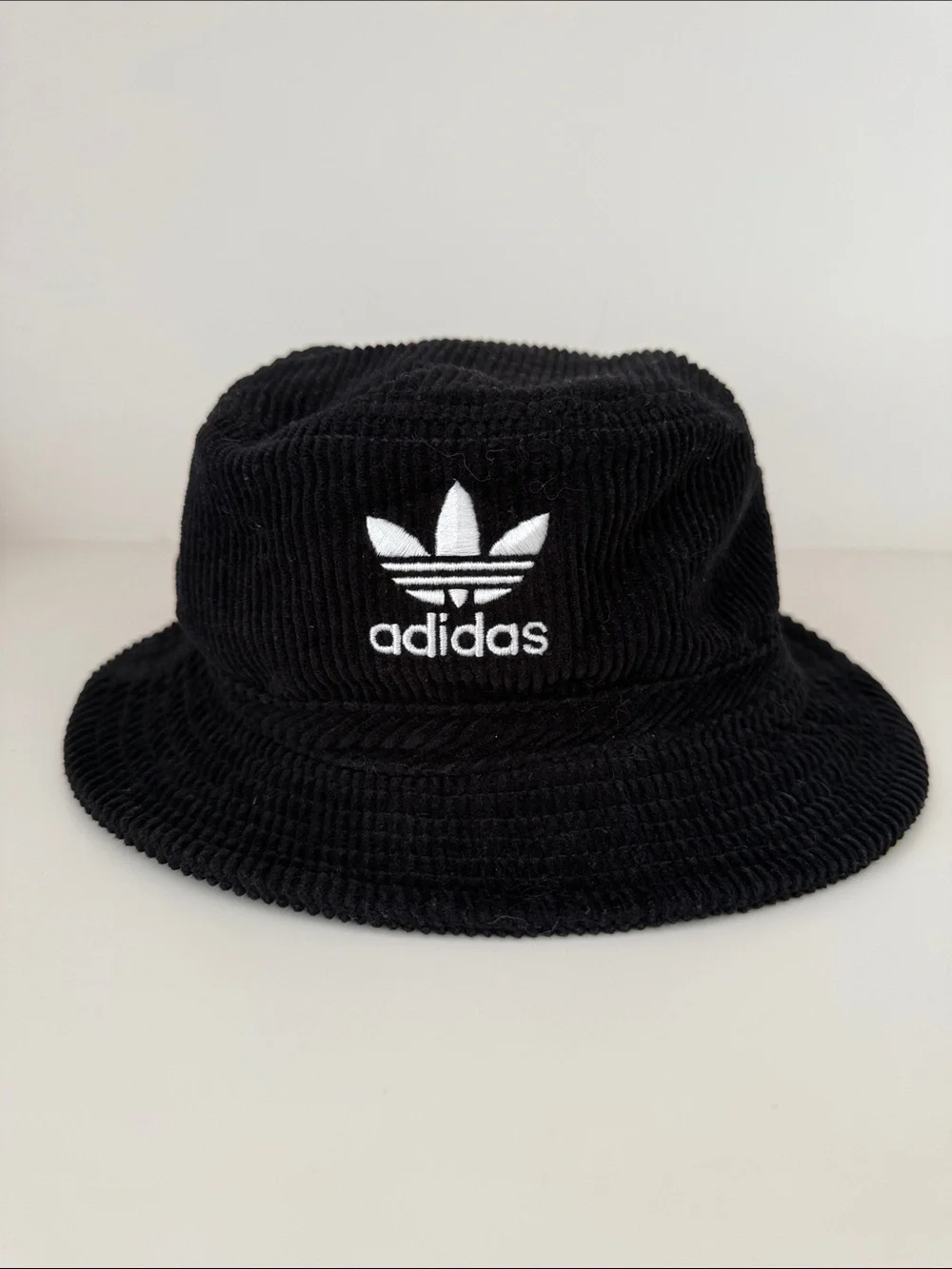 Adidas Black Corduroy Bucket Hat with White Trefoil Logo